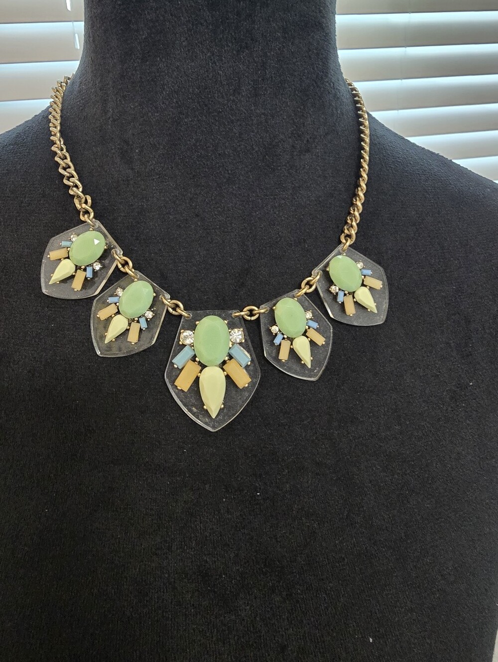Vintage Statement Multi Stone Bib Style Mint Green, Yellow And Clear Rinestones